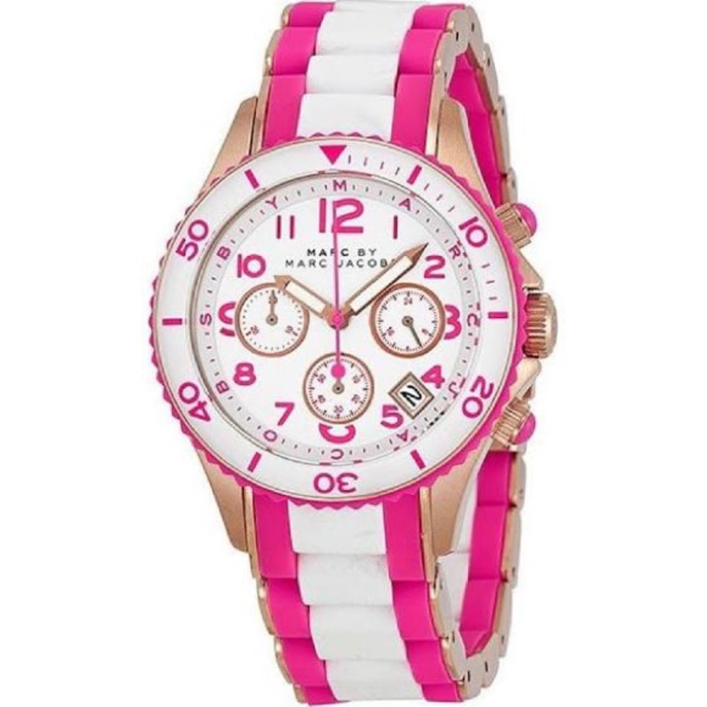 Marc by Marc Jacobs Rock Chrono Pink & White Silicone Women’s Watch- Rose Gold